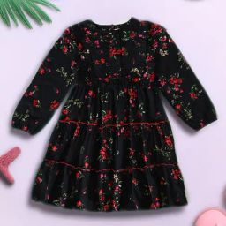 Bella Moda Girls Black Cotton Three Fourth Balloon Sleeves Floral Printed Dress-image-55