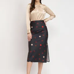 FableStreet Polka Printed Satin Stretchable A-Line Skirt-image-66