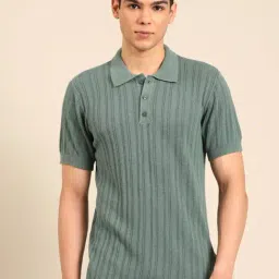 Linen Club Green Slim Fit Striped Polo T-Shirt-picture-39