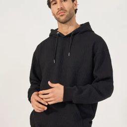 Styli Black Relaxed Fit Self Pattern Hooded Sweatshirt-image-16
