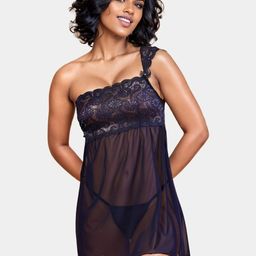 Sheer One Shoulder Lace Babydoll Dress with Thong Set-image-29