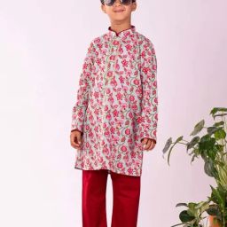 VASTRAMAY Boys Red & Blue Cotton Floral Full Sleeves Kurta Sets-3