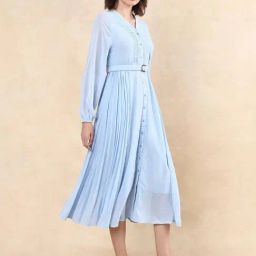 RAREISM Blue Cotton Blend Solid Long Sleeves Dress-image-56