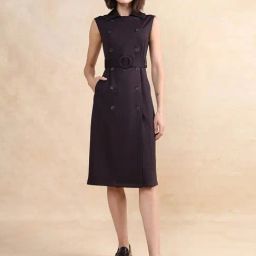 RAREISM Maroon Cotton Blend Striped Sleeveless Dress-image-29