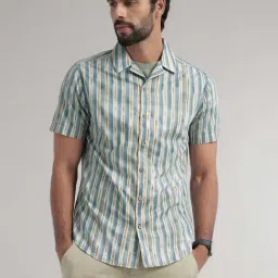 ANDAMEN Blue Slim Fit Striped Cotton Shirt-image-75