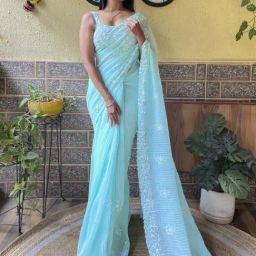 Saree Mall Blue Embellished Saree With Unstitched Blouse-image-95