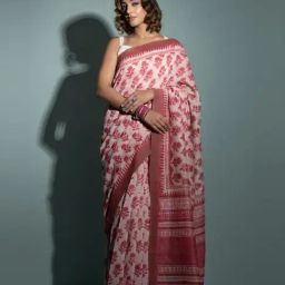 Geroo Jaipur Pink Pure Chanderi Hand Block Printed Ghicha Border Saree-image-42