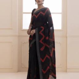 Geroo Jaipur Black & Red Pure Chanderi Hand Block Printed Temple Border Saree image 2