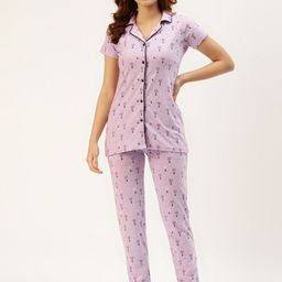 BROOWL Women Lavender Conversational Printed Pure Cotton Pyjama Set-image-2