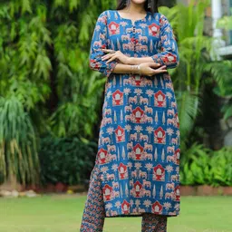 GoSriKi Floral Printed Straight Notched Neck Kurta With Trousers-picture-1