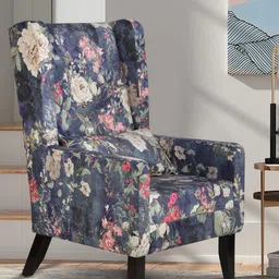 GLOBALLY INDIAN Blue & Beige Printed Wingback Wooden Arm Lounge Chair-image-61