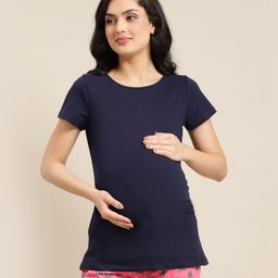 Bella Mama Half Sleeves Maternity Solid T-Shirt - Blue-picture-13