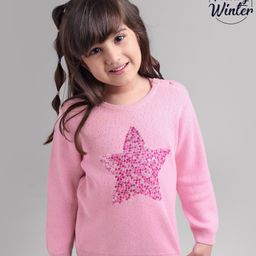 Babyoye Cotton Knit Full Sleeves Pullover Sweater Star Sequin Print - Pink-image-90