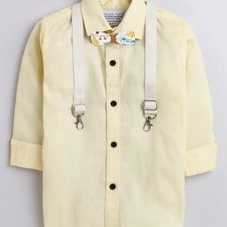 Polka Tots Full Sleeves Solid Party Shirt With Moustache Wood Bow Tie & Striped Suspender - Yellow-picture-1