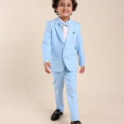 Babyhug Woven Full Sleeves Solid Stretch Fit Party Suit with Bow Tie - Sky Blue-image-74