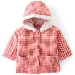 Babyhug Woven Full Sleeves Hooded Jacket Checkered - Red & White-image-85