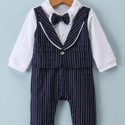 Mark & Mia Full Sleeves Party Wear Romper With Bow Striped - White & Blue-image-90