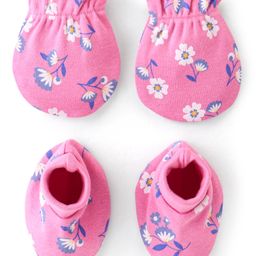 Babyhug 100% Cotton Knit Floral Printed Mittens & Booties - Pink-image-26
