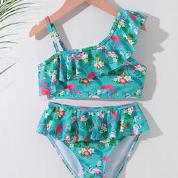Kookie Kids One Shoulder Two Piece Swimsuit with Flamingo Print -  Green-image-61