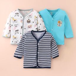 OHMS Single Jersey Cotton Knit Full Sleeves Front Open Vests with Stripes & Panda Print Pack of 3 - Blue & White-image-96