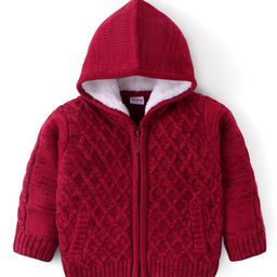 Babyhug Knitted Full Sleeves Front Open Hooded Sweater With Cable Knit Design - Maroon-image-99