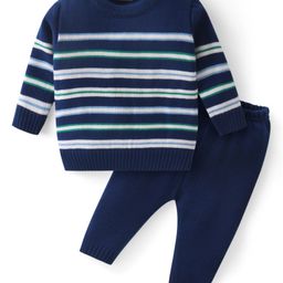 Babyhug Knitted Full Sleeves Striped Pullover Sweater Set - Navy Blue Green & White-image-46