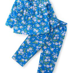 Babyhug Cotton Knit Full Sleeves Peter Pan Collared Night Suit With Floral Print - Blue-image-79