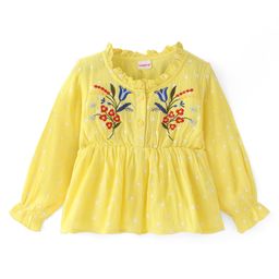 Babyhug Rayon Knit Full Sleeves Top with Floral Embroidery - Yellow-image-86