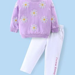 Babyhug Cotton Knit Full Sleeves Floral Sequins Printed Top & Lounge Pants Set - Lavender & White-image-88