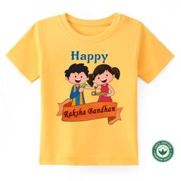 BLUSHES Rakhi Theme 100% Cotton Half Sleeves Happy Raksha Bandhan Text Printed Tee - Yellow-image-51