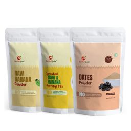 Nutribud Foods Combo (Pack of 3) - Sprouted Ragi & Banana Porridge Mix (200g) | Raw Banana Powder (200g) | Dates Powder (200g) | 100% Natural Ingredients | No Added Sugar | No Preservatives-1
