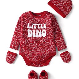 Doodle Poodle Interlock Knit Full Sleeves Dino Printed Onesie With Cap Mittens & Booties - Red-5