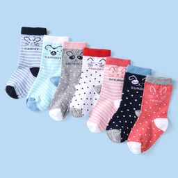 Cute Walk by Babyhug Non Terry Knit Anti-Bacterial Ankle Length Socks With Polka Dots & Strips Pack of 7 - Multicolor-image-42