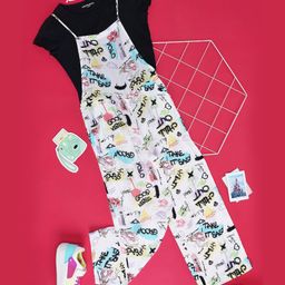 Pantaloons Junior Viscose Rayon Take It Easy Text Printed Jumpsuit With Half Cap Sleeves Inner Tee - Multi Colour-picture-41