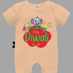 The Peppy Tend Diwali Theme 100% Cotton Half Sleeves Rocking My Diwali Look Text Printed Half Romper - Peach-picture-29