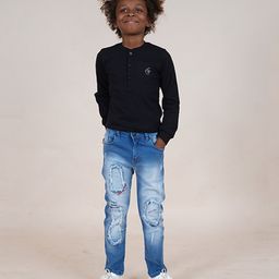 Kiddopanti Cotton Full Sleeves Solid Henley Neck Tee With Denim Jeans - Black & Blue-image-0