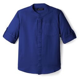 Pine Kids 100% Cotton Full Sleeves Solid Coloured Shirts With Mandarin Collar- Navy Blue-image-1