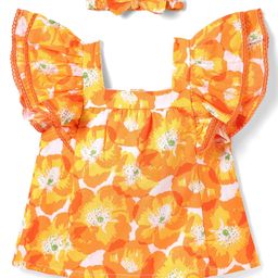 Babyhug Rayon Woven Half Frill Sleeves Top with Headband & Floral Print - Orange-picture-25