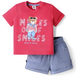 ToffyHouse Woven Half Sleeves T-Shirt & Shorts Set With Teddy Bear Print - Red & Blue-image-41