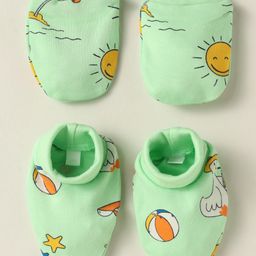 Babyoye 100% Cotton Mittens and Booties Set with Beach Theme Print - Light Green-image-74
