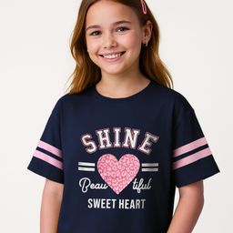 Pine Kids Cotton Knit Half Raglan Sleeves T-Shirt With Shine Text Print & Tape Detailing - Navy Blue-picture-11