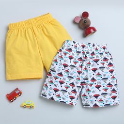 Bumzee Cotton Knit Above Knee Length Shorts with Nautical Theme Print Pack of 2 - Yellow & White-image-63