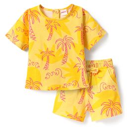 Babyhug Single Jersey Knit Half Sleeves Top & Shorts Co-Ord Set With Tree Print - Yellow-image-84