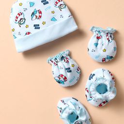 Ben Benny 100% Cotton Knit Shark Printed Cap Mittens & Booties Light Blue - Diameter 10 cm-image-72