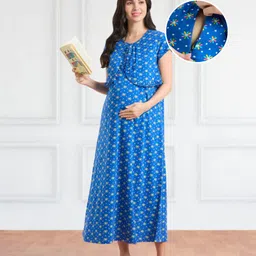Bella Mama Cotton Knit Half Sleeves Maternity & Nursing Nighty Floral Print - Blue-picture-4
