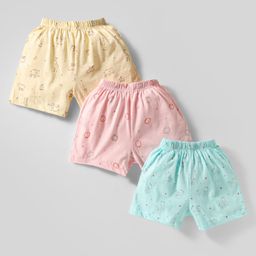 Simply Sinker Knit Knee Length Animal & Teddy Bear Printed Shorts Pack Of 3 - Pink Yellow & Light Blue-image-61