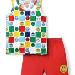 Babyhug 100% Cotton Single Jersey Knit Sleeveless Sando & Shorts Set With Smiley Print - Red & White-picture-28