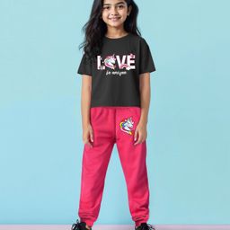 Trampoline Cotton Blend Half Sleeves Unicorn Printed Coordinating Top & Joggers Set - Pink & Black-image-59
