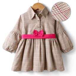 Mark & Mia Woven Full Sleeves Checkered Yarn Dyed Winter Frock with Bow Applique - Multicolor-picture-40