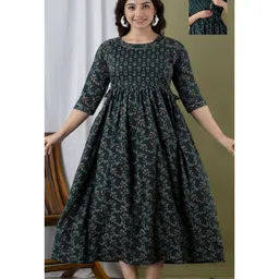 NEVISHA STYLE Cotton Woven Three Fourth Sleeves Floral Printed Maternity Kurta With Side Zipper Nursing Access - Green-picture-2